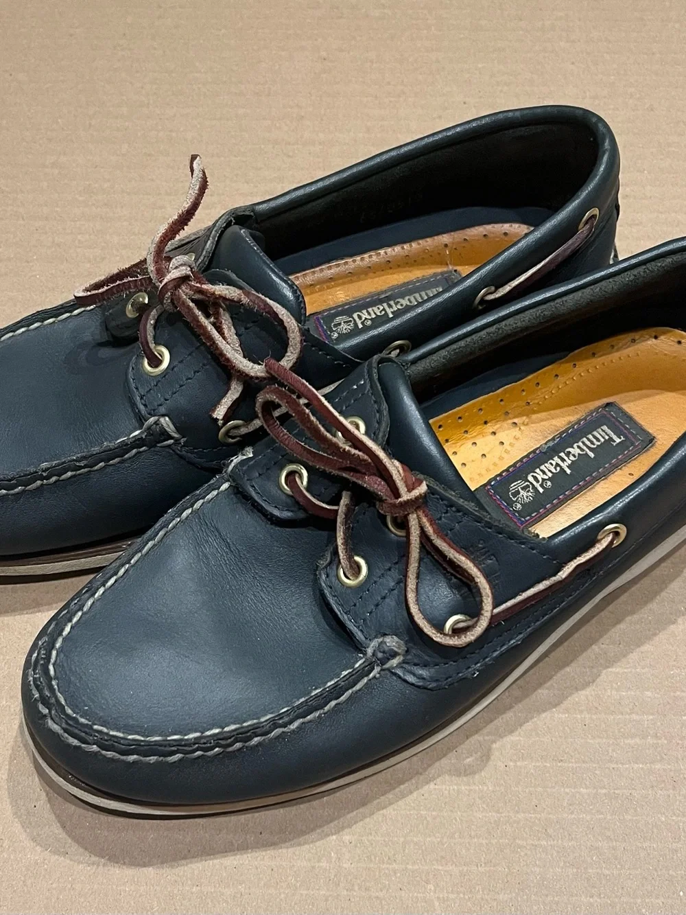 Timberland Men’s Navy Leather Boat Shoes with Brown Laces